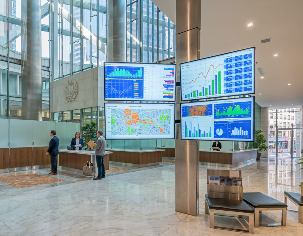firefly city hall building with digital screens displaying data dashboards and municipal stat 241454