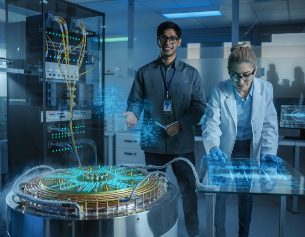 firefly close up editorial image of a futuristic quantum computing laboratory with advanced e 241454