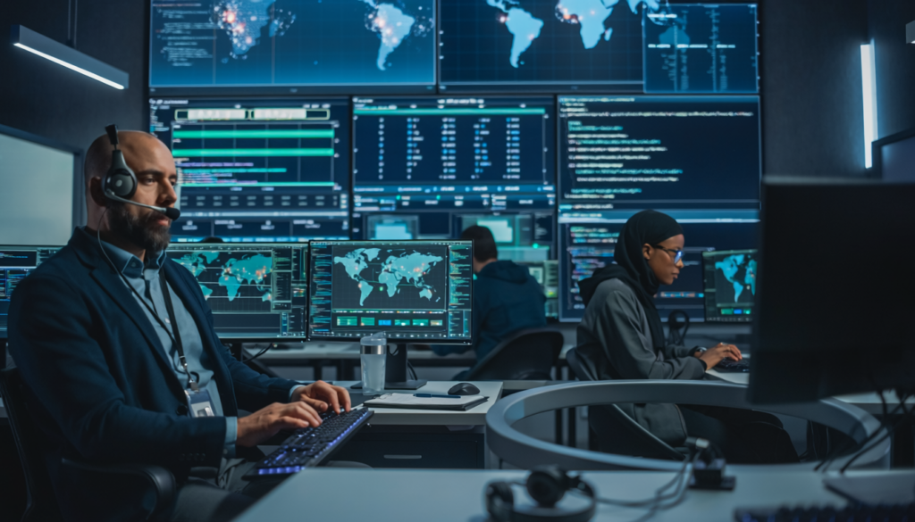 firefly cybersecurity operations center with analysts monitoring large digital screens showin 241454