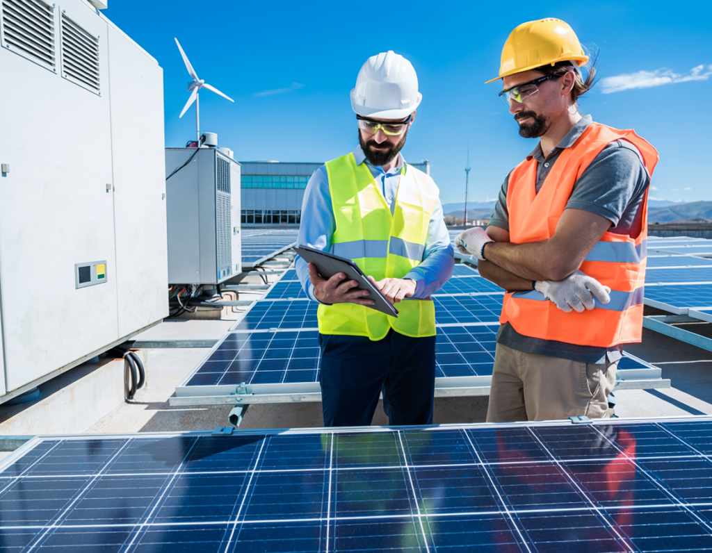 firefly editorial photo of engineers examining solar panels and clean technology equipment at 241454