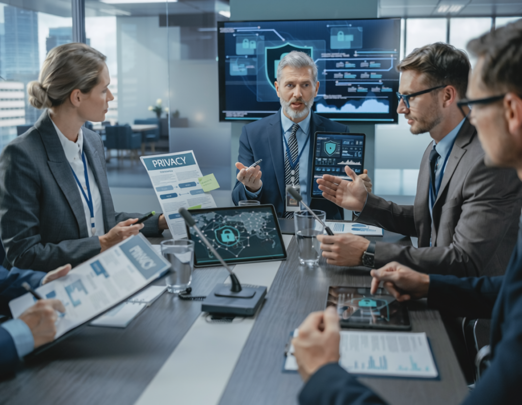 firefly government policy meeting discussing digital privacy, officials reviewing tablets and 241454