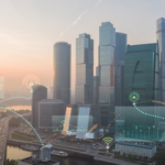 firefly modern city skyline with digital overlay graphics representing smart infrastructure, 241454