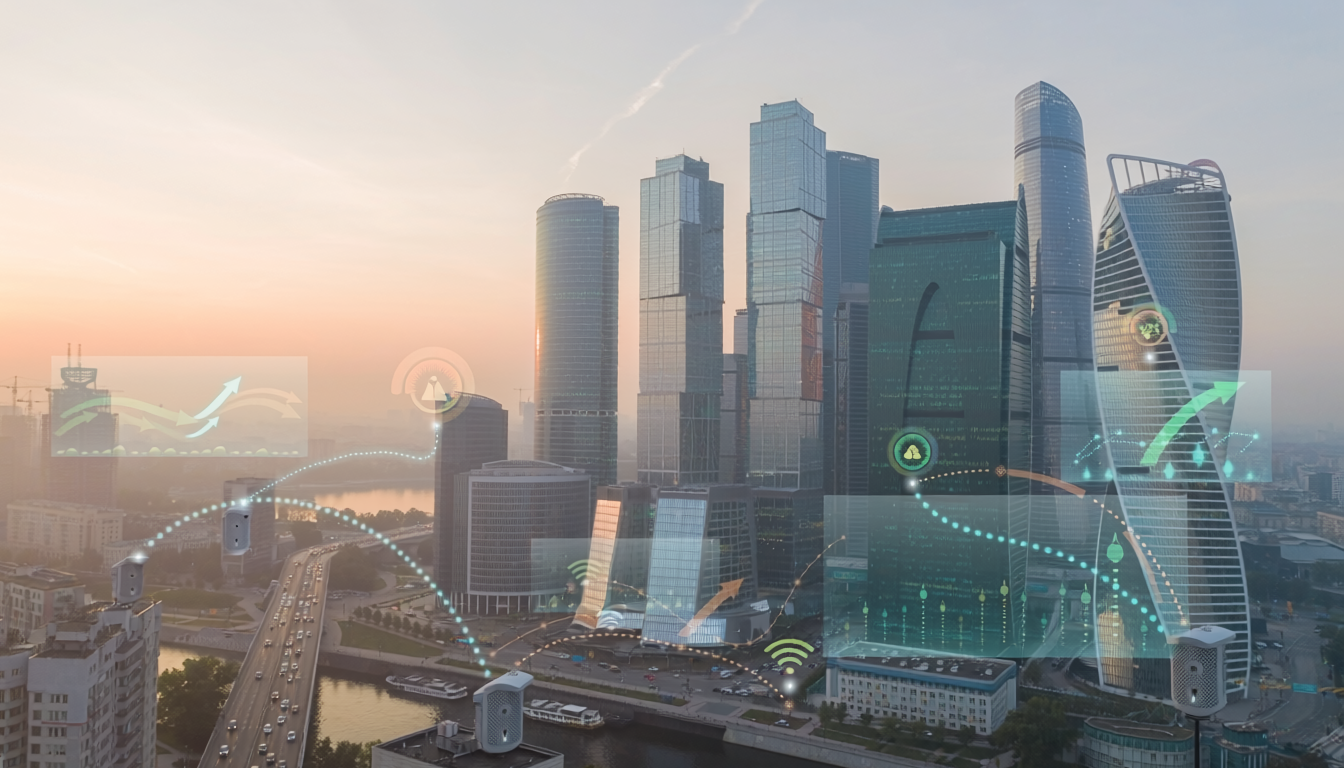 firefly modern city skyline with digital overlay graphics representing smart infrastructure, 241454