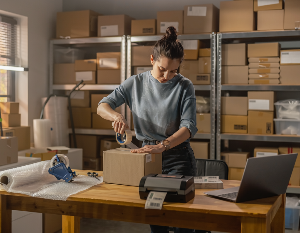 firefly online entrepreneur packaging products for shipment in a small warehouse with shelves 241454