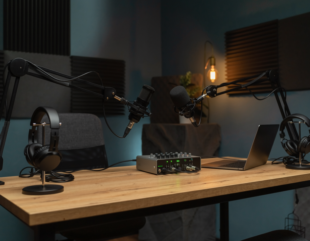 firefly podcast studio with microphones, headphones, and recording equipment on a desk, warm 241454