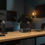 firefly podcast studio with microphones, headphones, and recording equipment on a desk, warm 241454