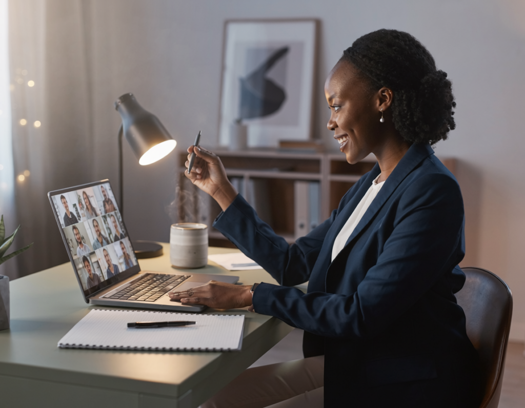 firefly professional working remotely at a home office desk with laptop, video meeting on scr 241454