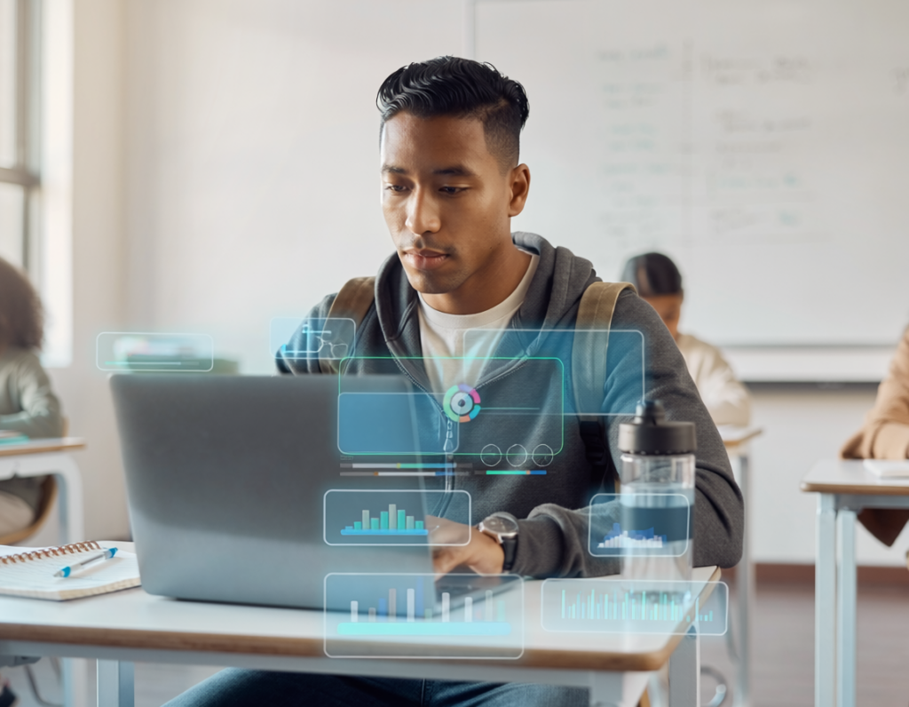 firefly student using a laptop in a modern classroom while ai style digital interface graphic 241454