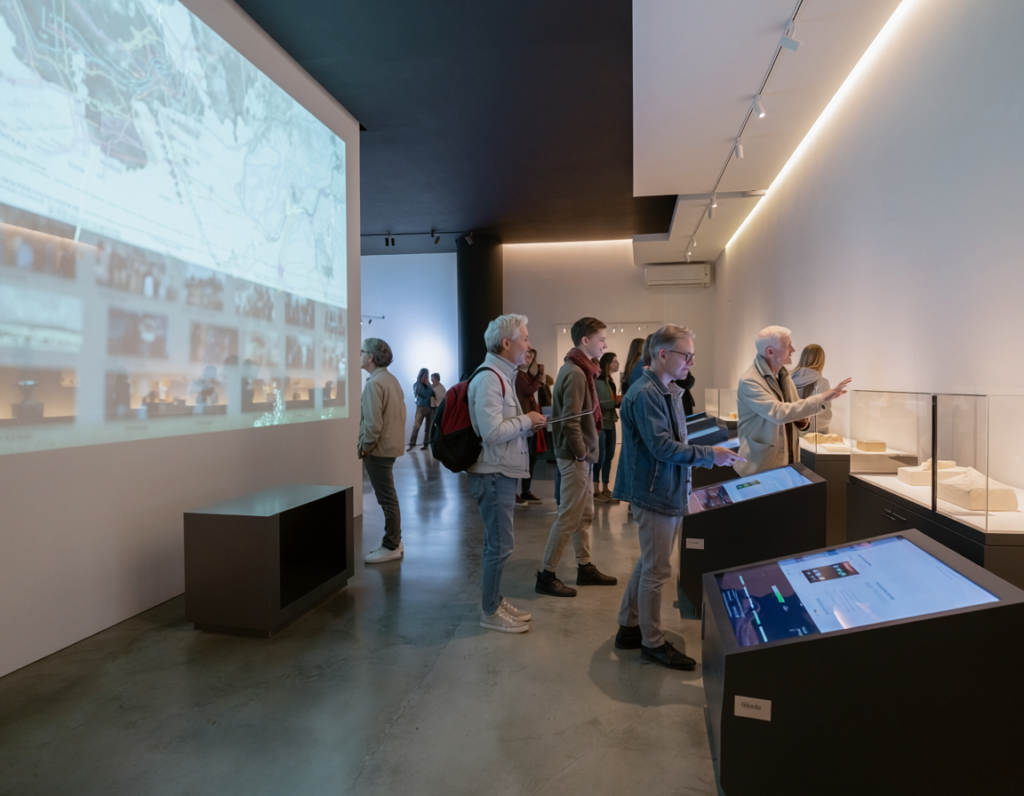 firefly visitors exploring a modern museum exhibition with interactive digital screens and pr 241454