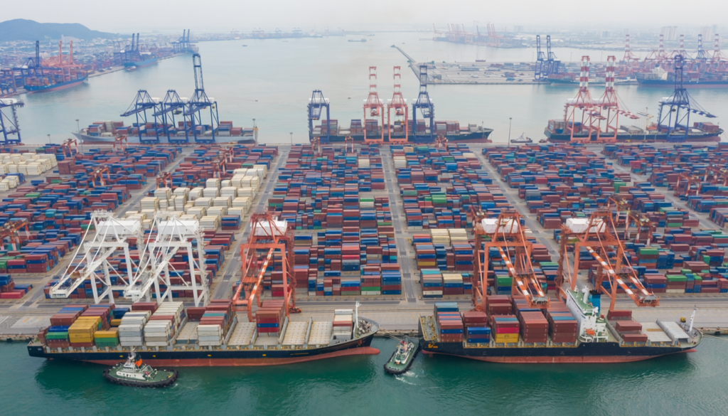 firefly wide aerial editorial image of a busy international shipping port with cargo containe 241454